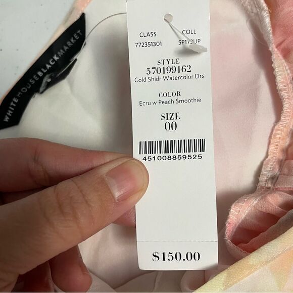 WHITE HOUSE BLACK MARKET COLD SHOULDER WATERCOLOR DRESS ECRU PEACH SZ 00 NWT - Picture 6 of 10